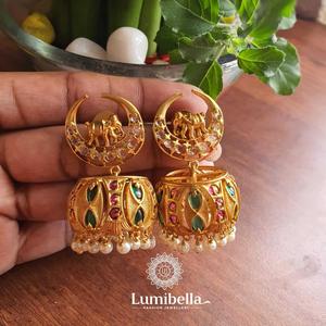 Half Moon Drop Earrings-Gold Plated Pearl & Diamond Jhumkas for Wedding and Party - Product Image 1
