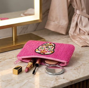 Beaded Mini Coin <b>Purse</b> <b>Pink</b> Sugar Skull Zipper Closure Handmade Bohemian Style Unisex - Product Image 3