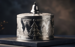 Pot à bonbons de Noël moderne en aluminium moulé, argenté, avec motif d'arbre en relief et poignée cloche, pour la table - Product Image 4