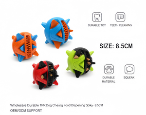 Vente en gros de balles pour chiens en TPR écologiques modernes de 8,5 cm, qui font des sons et distribuent des friandises |   Jouet à mâcher pour le nettoyage des dents Spiky |   Fournitures durables pour animaux de compagnie - Product Image 1