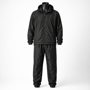 Ensemble de survêtement noir à capuche pour homme, imperméable, longueur intégrale, vêtements de sport décontractés avec poches latérales et fermeture à cordon - Product Image 1
