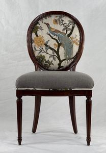 Chaise de salle à manger en bois massif artisanale de luxe, dossier ovale motif paon exotique, assise rembourrée grise - Product Image 6