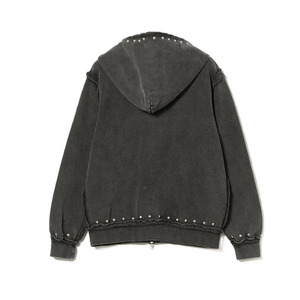Unisex Vintage Washed <b>Black</b> Rhinestone Zip-Up Hoodie Oversized Streetwear Distressed Full-Zip Hooded Sweatshirt 100% Cotton - Product Image 2