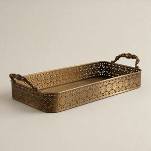Oval <b>Gold</b> Metal <b>Serving</b> <b>Tray</b> With Hammered Texture And Scalloped Edge Handmade Glam Decorative Dish - Product Image 2