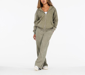 OEM Custom 100% Cotton 340 GSM Acid Wash Women's Full Zipper Hoodie & Wide Flare Leg Sweatpants Baggy Sets Breathable 2 Pieces - Product Image 3