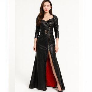 Women's Black Faux Leather Maxi Dress With Zipper And Belt Asymmetrical Collar Three Quarter Sleeve - Product Image 1