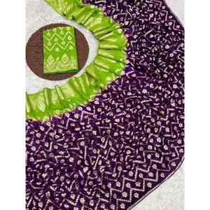 ATRACTIVA VISCOSA GEORGETTE ZARI JACQUARD FRONTERA TRABAJO SAREE CON BLUSA DESCOSTADA MORADO - Product Image 1