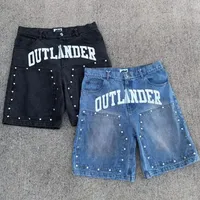 Özel Tasarım Gotik Erkek Yüksek Bel Düz Denim Şort Orta Bel Bol Paçalı Yama İşlemeli Vintage Yıkama Nefes Alabilen Çevre Dostu Organik Pamuk
