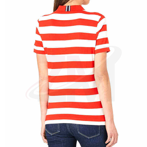 <b>Striped</b> Polo <b>Shirt</b> <b>Red</b> <b>White</b> Knitted Full Sleeve Casual Style Regular Length 100% Original Pique Cotton Fabric Women's <b>Shirts</b> - Product Image 2