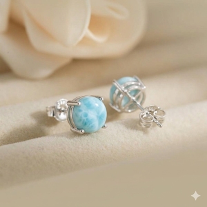 925 <b>Sterling</b> <b>Silver</b> Natural Larimar Round Shape Prong Setting 8mm <b>Stud</b> Earrings Gemstone Jewelry Christian Ceremonies Party Gift - Product Image 1