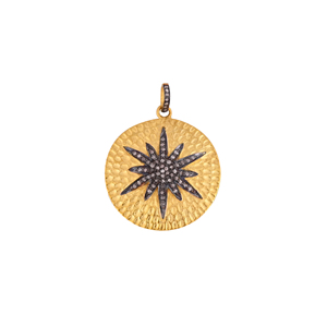 Pendentif vintage en argent sterling 925 plaqué, motif soleil martelé bicolore, serti de diamants naturels, 20x20MM - Product Image 1