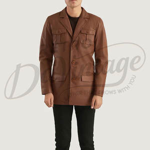 เสื้อเบลเซอร์หนังแกะแท้สีน้ำตาลพรีเมียมสำหรับผู้ชาย สไตล์ซาฟารี วินเทจ 4 กระเป๋า เสื้อโค้ทหนังแกะแท้ลำลองสำหรับงานธุรกิจและงานปาร์ตี้ - Product Image 4