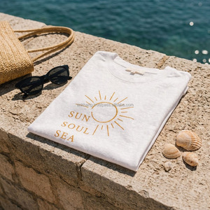 Camiseta de Algodón Bordada Sun Soul Sea para Mujer, Cuello Redondo, Manga Corta, Informal, Verano, Precio Económico - Product Image 1