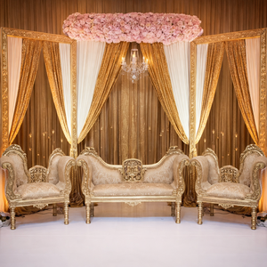 Sofá de boda dorado de alta gama con asientos para novios, ideal para escenarios de bodas y recepciones. - Product Image 5