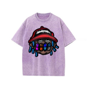 Men's Purple Cartoon Print T-Shirt Short Sleeve O-Neck Street Style Regular Fit Cotton Jersey Knitted Front <b>Logo</b> - Product Image 2