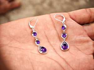 Nikhil Gems NG-033 925 Sterling Silver Gold Plated Pear Cut Amethyst Multi Gemstone Dangle Trendy Bridal <b>Earrings</b> Third Party - Product Image 3