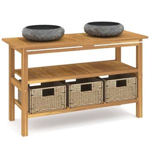 Mobiletto di vanità del bagno di Teak di legno solido con i lavandini di marmo nero - Product Image 2