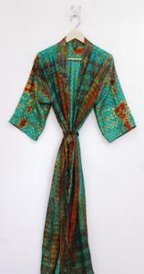Bata de dormir vintage de seda con patchwork y teñido anudado para mujer, manga tres cuartos, largo completo, cuello en V, transpirable y suave - Product Image 5