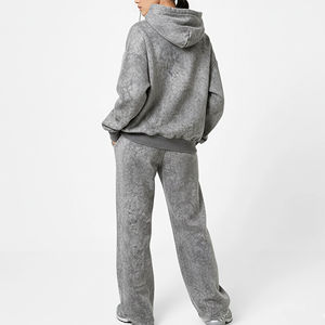 Conjunto de Sudadera con Capucha y Pantalones de Chándal de 2 Piezas para Mujer, de Algodón 100%, con Encaje Sólido, Pedrería y Bordado, Lavado Ácido, Venta al por Mayor, Personalizado - Product Image 5