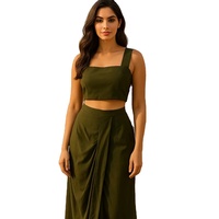Kadın Kısa Kollu Crop Üst ve Geniş Paça Etek Takımı Sokak Modası Dar Kesim Pileli Saten Modern Polyester Yazlık Tatil Kıyafeti