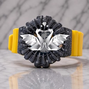 Custom Luxury Classic Fashion Black Crystal Analog Watch for Men Yellow Rubber Strap Stainless Steel Case Mechanical Movement - Product Image 1