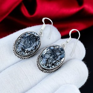 Boucles d'oreilles pendantes en quartz rutile noir, argent sterling 925, bijoux ovales faits à la main en argent pour femme, cadeau - Product Image 2