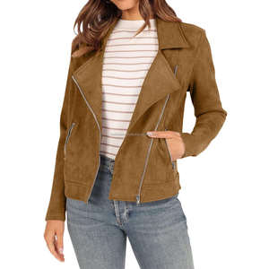 แจ็กเก็ตหนังนิ่มสไตล์นักขี่จักรยานสีกากีสำหรับผู้หญิงมีซิปปกคอเสื้อแขนยาวทรงครอปแบบย้อนยุค - Product Image 3