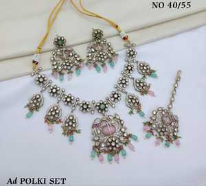 AD Polki Necklace Set With Dangle Earrings And Mangtika <b>Floral</b> AD Necklace Set For Wedding Festive Wear <b>Jewellery</b> Set Wholesaler - Product Image 5