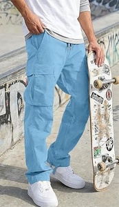 Men's <b>Light</b> Blue Cargo Pants Elastic Waist Drawstring Multiple Pockets Casual Loose Fit Lightweight Cotton <b>Trousers</b> Summer Wear - Product Image 5