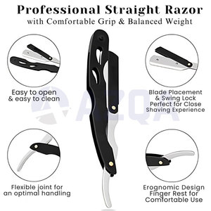 Rasoir de barbier pliant à lame unique en acier inoxydable avec manche ergonomique noir pour le rasage de la barbe, le détail des contours et l'utilisation en salon - Product Image 6