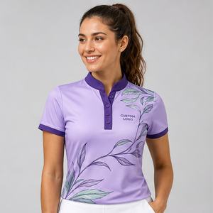Custom Lavender Botanical Branch Womens <b>Mandarin</b> <b>Collar</b> Polo <b>Shirt</b> Quick Dry Breathable Short Sleeve Uniform WPS-0839 - Product Image 1