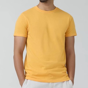 T-shirt en jersey de coton à manches courtes et col rond pour homme, couleur jaune unie, coupe classique, style décontracté - Product Image 1