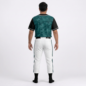 Ensemble uniforme de baseball pour homme, vert uni, maillot à manches courtes, col en V, fermeture boutonnée, respirant, antibactérien, 100% coton - Product Image 2
