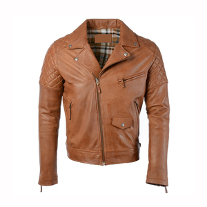 Men's Brown Genuine Leather Moto Biker Jacket Slim Fit Turn-down Collar Zipper Closure Regular Sleeve Autumn Style - Product Image 1