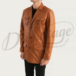 เสื้อแจ็คเก็ตหนังแกะแท้สไตล์ซาฟารีสีแทนพรีเมียมสำหรับผู้ชาย สไตล์วินเทจ มีกระเป๋าสี่ช่อง ติดกระดุมแบบลำลอง - Product Image 4