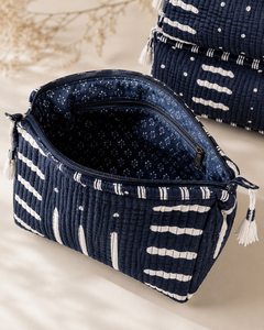 Wholesale Quilted Cotton Cosmetic Bag Set Block Print Travel <b>Makeup</b> Pouch Navy Blue Indigo Toiletry Organizer With Tassels - Product Image 5
