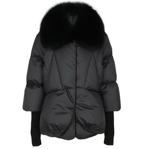 Manteau d'hiver court et ample pour femme, chaud, avec col en fourrure de renard amovible, pompons, noir, rembourré de duvet de canard blanc, respirant - Product Image 1