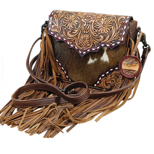 Western Cowhide Fringe Crossbody Bag Genuine Hair On <b>Leather</b> <b>Tooled</b> Floral Western Shoulder Purse Boho Cowgirl Handbag for Women - Product Image 1