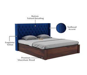 Cama Doble de Madera Maciza de Sheesham, Tamaño King, Acabado Azul Índigo-Nogal, Cama Moderna Tapizada de Madera Maciza con Espacio de Almacenamiento - Product Image 3