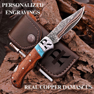 Personalized Copper Damascus Hunting Knife Wood Handle Drop Point Blade Straight Edge Folding Knife With Leather Sheath - Product Image 1