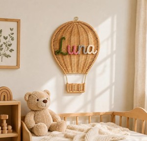 Décoration murale suspendue en rotin pour chambre d'enfant, en forme de montgolfière, en fibres végétales naturelles tressées, thème voyage - Product Image 4