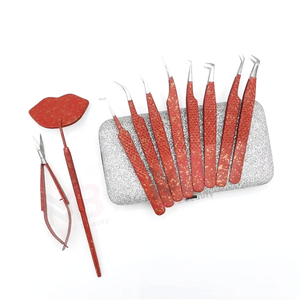 Ensemble de pinces à épiler professionnelles de qualité supérieure en acier inoxydable pour extensions de cils, rouge or, poignée diamant, outils de beauté faits à la main - Product Image 1