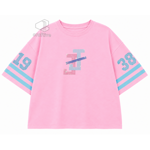 T-shirt à col rond pour femme Jack And Jill Of America, avec strass et lettres grecques, manches rayées, motif graphique, rose et bleu - Product Image 1