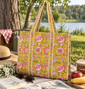Handmade Washable Tote <b>Bag</b> Zipper Open Top Floral Print Quilted Cotton Lining for Women Large Space Beach Travel Shopping <b>Bag</b> - Product Image 5