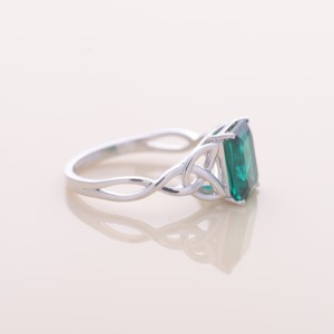 IGI Certified Emerald Cut Green Stone Solitaire Ring in <b>Solid</b> 925 Sterling <b>Silver</b> with Celtic Knot Shank - Product Image 3