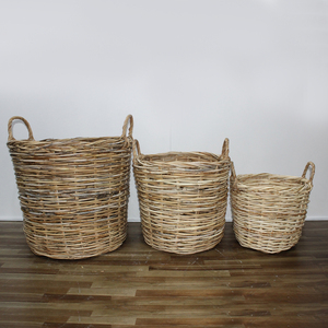Handwoven Natural Rattan Round Storage <b>Basket</b> With Handles Rustic Style Clothing Storage Bin - Product Image 2