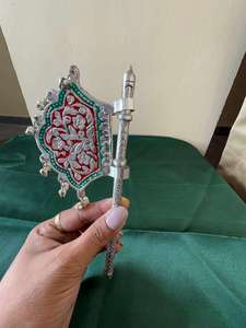 Traditional German Silver Pankhi <b>Hand</b> <b>Fan</b> With Ornate Enamel Design For Thakur Ji Laddu Gopal Accessories Festive Gifting - Product Image 2