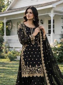 Conjunto de Kurti y Palazzo Negro Bordado, Salwar Kameez de Georgette Sintética con Dupatta para Bodas y Fiestas, para Mujer - Product Image 2