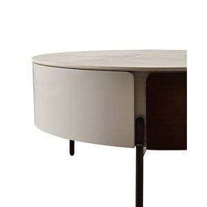 Table basse moderne ronde en bois véritable blanc avec tiroirs, pieds en métal dorés, design circulaire - Product Image 2