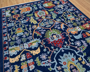 Alfombra de Lana Hecha a Mano Azul Marino, Diseño Nórdico Folclórico, Alfombra Decorativa Boho, 1 Pieza, Apta para Mascotas, Antideslizante, Altamente Duradera para Sala de Estar - Product Image 3